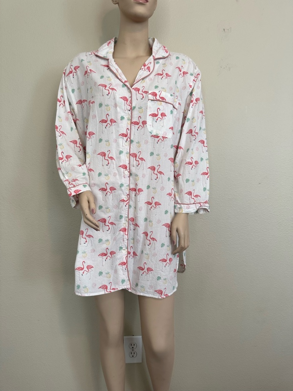 Mahogany White Flamingo-Print Cotton Sleep Shirt